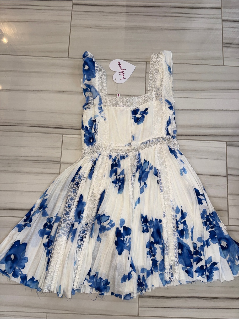 Buddy Love White Dress with Blue Floral Print and Lace Trim - Picture 4 of 4